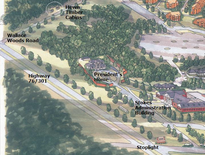 Map showing location of Hewn-Timber Cabins on
                the FMU campus
