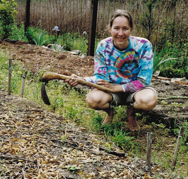 Jane Vernon holding a Nigerian hoe